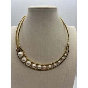BaubleBar Gold Tone Faux Graduated Pearl Bead Bib Evening Necklace‎ Elegant
